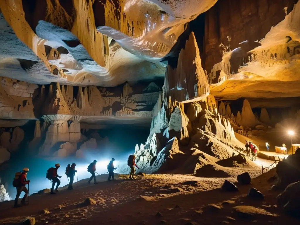 Un grupo de exploradores con linternas y equipo de escalada en una caverna oscura, con estalactitas y estalagmitas antiguas