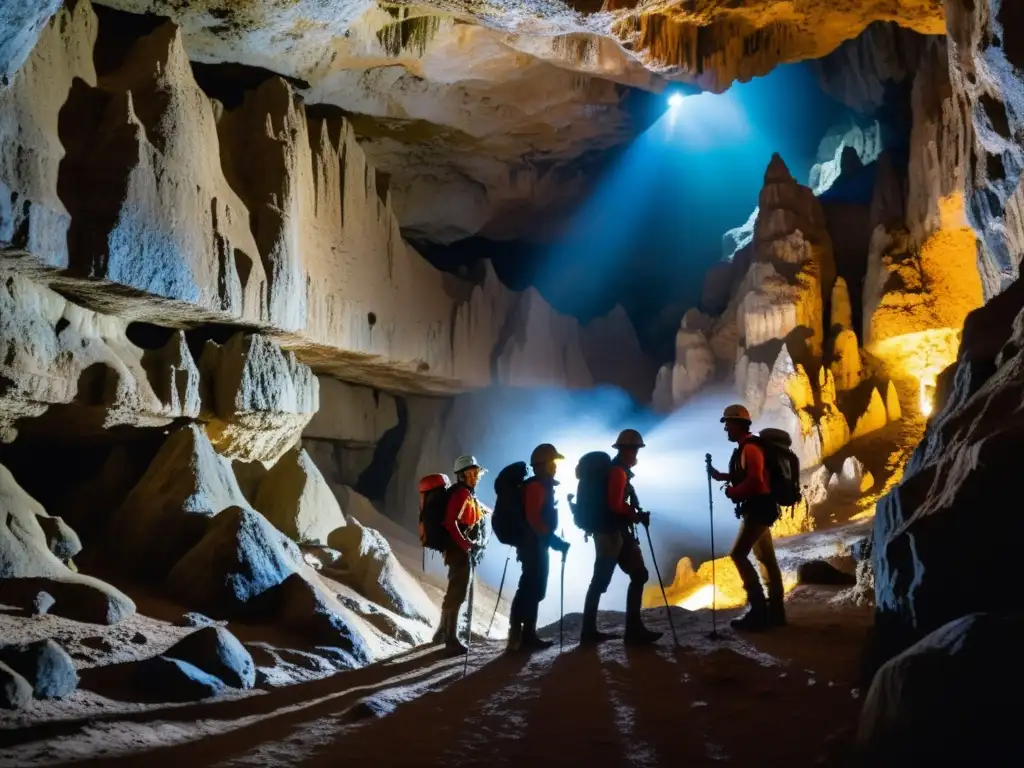 Un grupo de exploradores con linternas y equipo de escalada explorando una caverna subterránea estrecha con estalactitas y estalagmitas