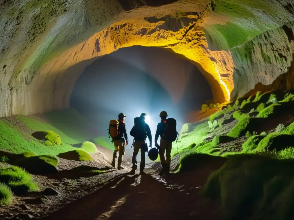 Un grupo de exploradores con linternas y equipo de escalada en un túnel subterráneo, evocando misterio y aventura