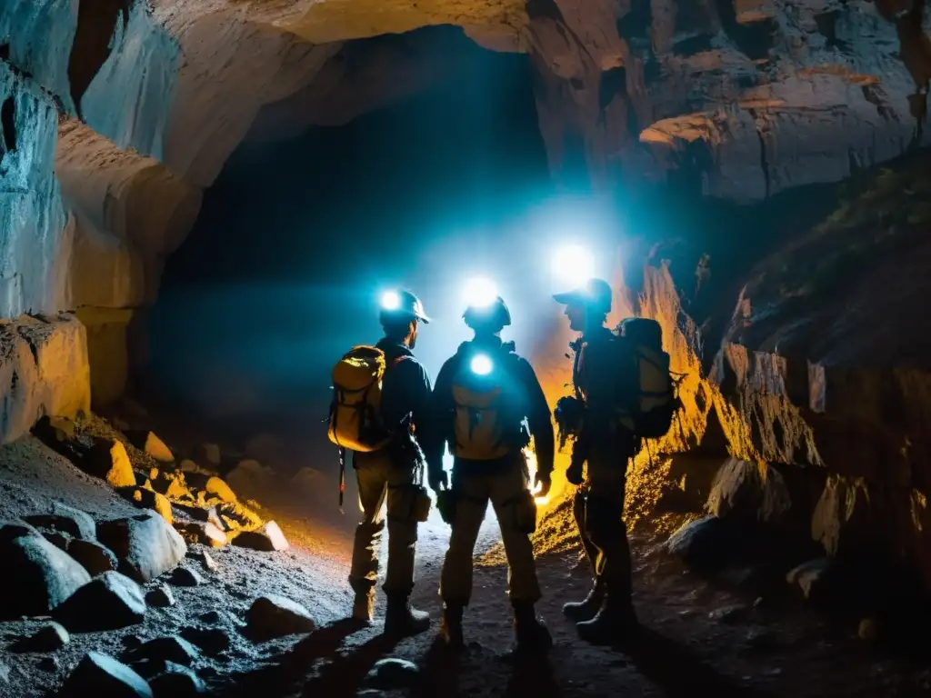 Grupo de exploradores con linternas y equipo de escalada, listos para adentrarse en un túnel subterráneo misterioso