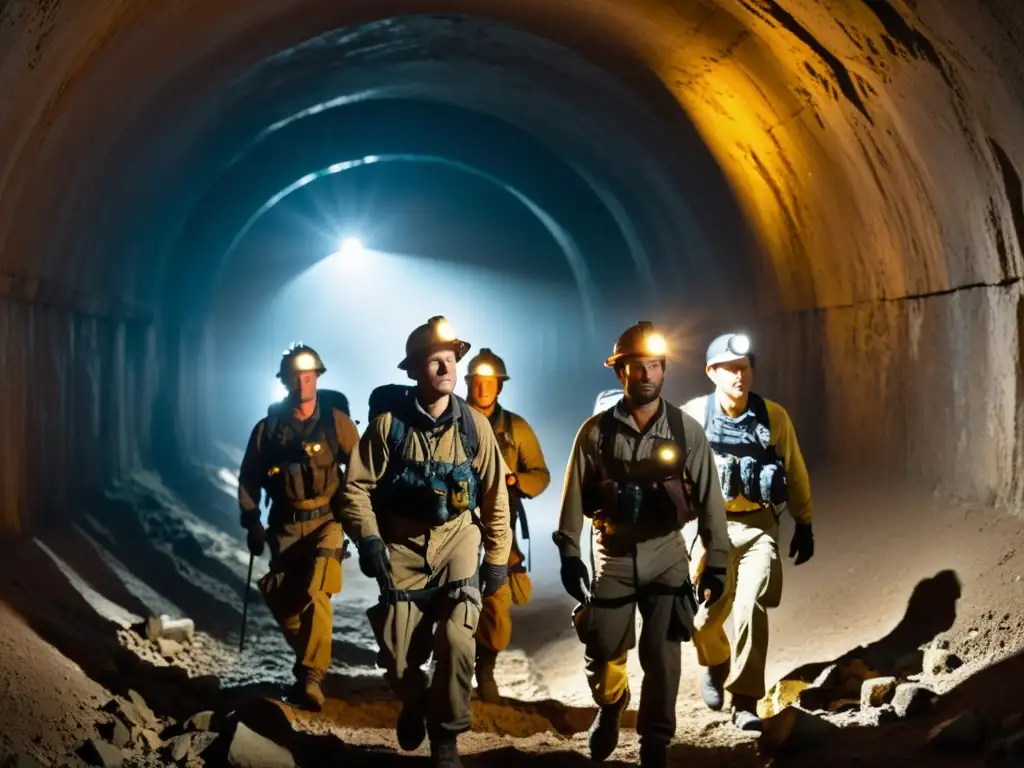 Un grupo de exploradores con linternas y equipo de seguridad avanza por un túnel subterráneo, mostrando determinación en su rostro iluminado