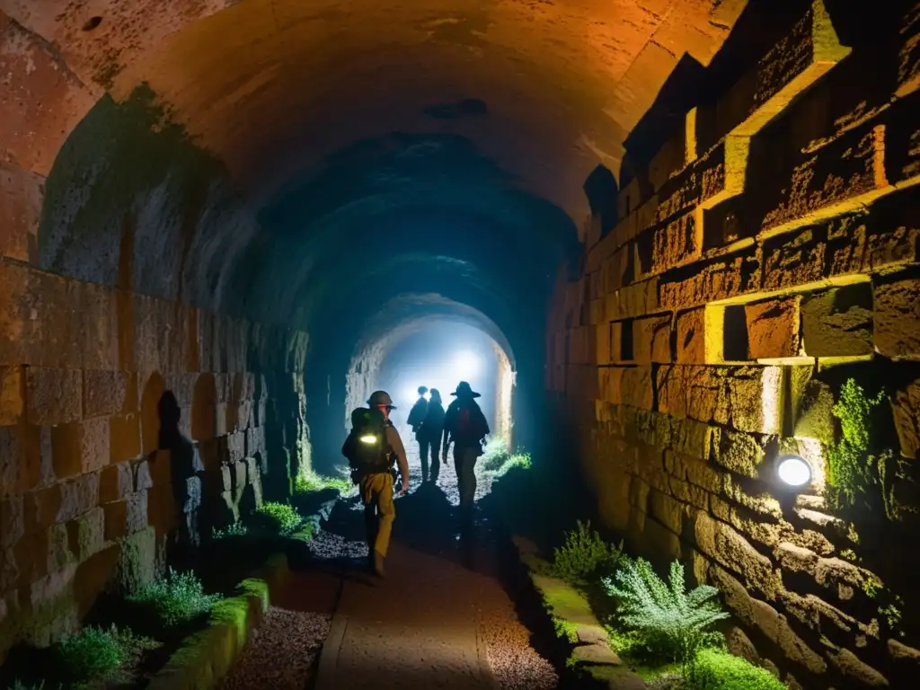 Un grupo de exploradores con linternas frontales y equipo resistente recorren un túnel subterráneo