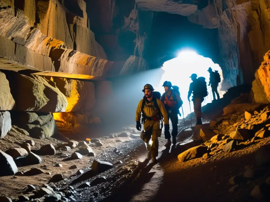 Grupo de exploradores con linternas frontales y equipo de escalada exploran un túnel subterráneo, revelando la misteriosa atmósfera