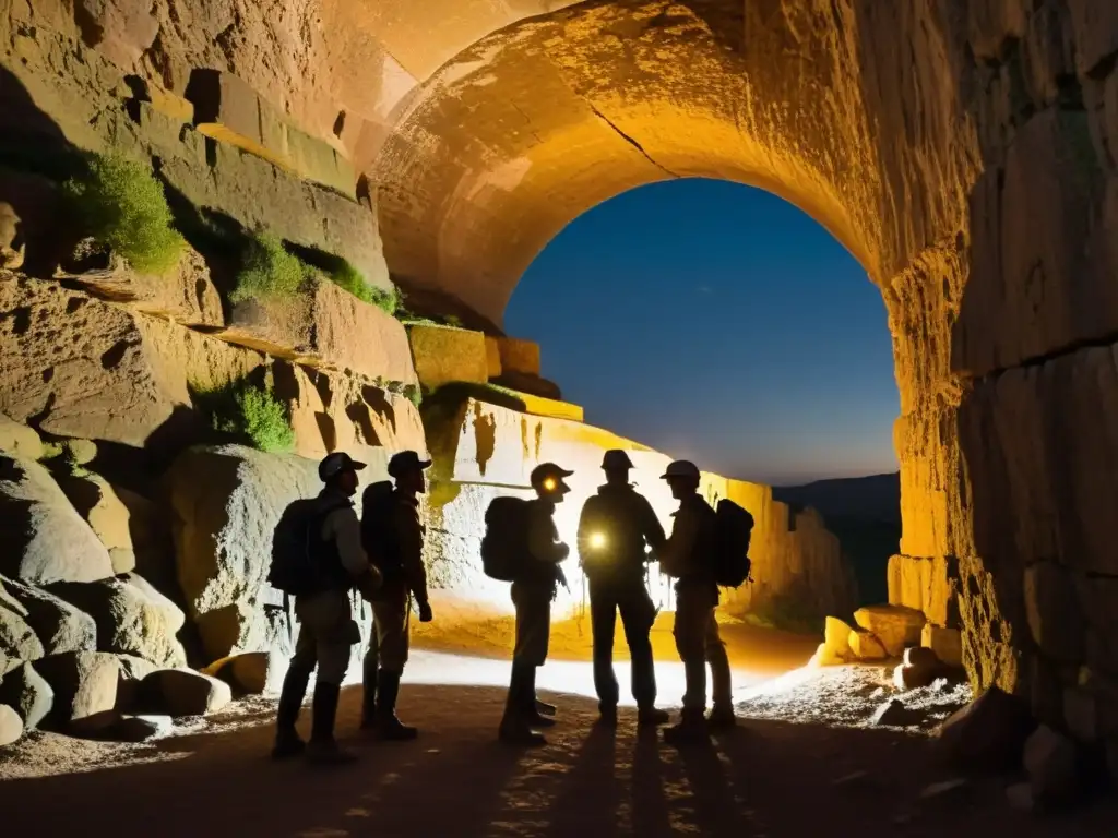 Un grupo de exploradores con linternas frontales se prepara para entrar en un túnel histórico, iluminando las antiguas paredes con una cálida luz