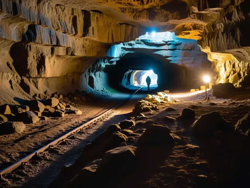 Grupo de exploradores con linternas en mano explorando un túnel subterráneo húmedo