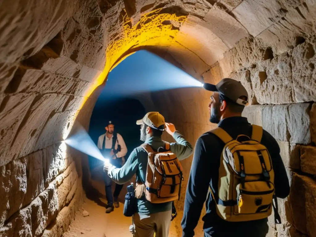 Un grupo de exploradores con linternas y mochilas explorando los túneles históricos de Gaza, descubriendo misterios y aventuras