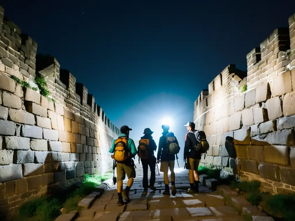 Un grupo de exploradores con linternas y mochilas, listos para explorar un túnel en la Gran Muralla China