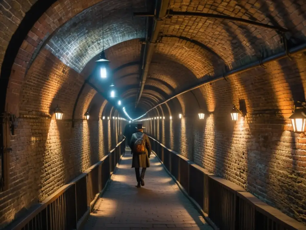 Grupo de exploradores con linternas en red de túneles época victoriana Londres, iluminando misteriosas paredes de ladrillo y telarañas