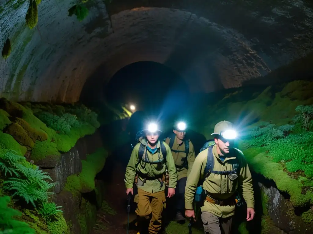 Grupo de exploradores con linternas navegando en un túnel oscuro, iluminando paredes húmedas con sombras misteriosas