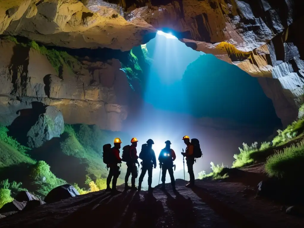 Grupo de exploradores listos para adentrarse en una misteriosa cueva