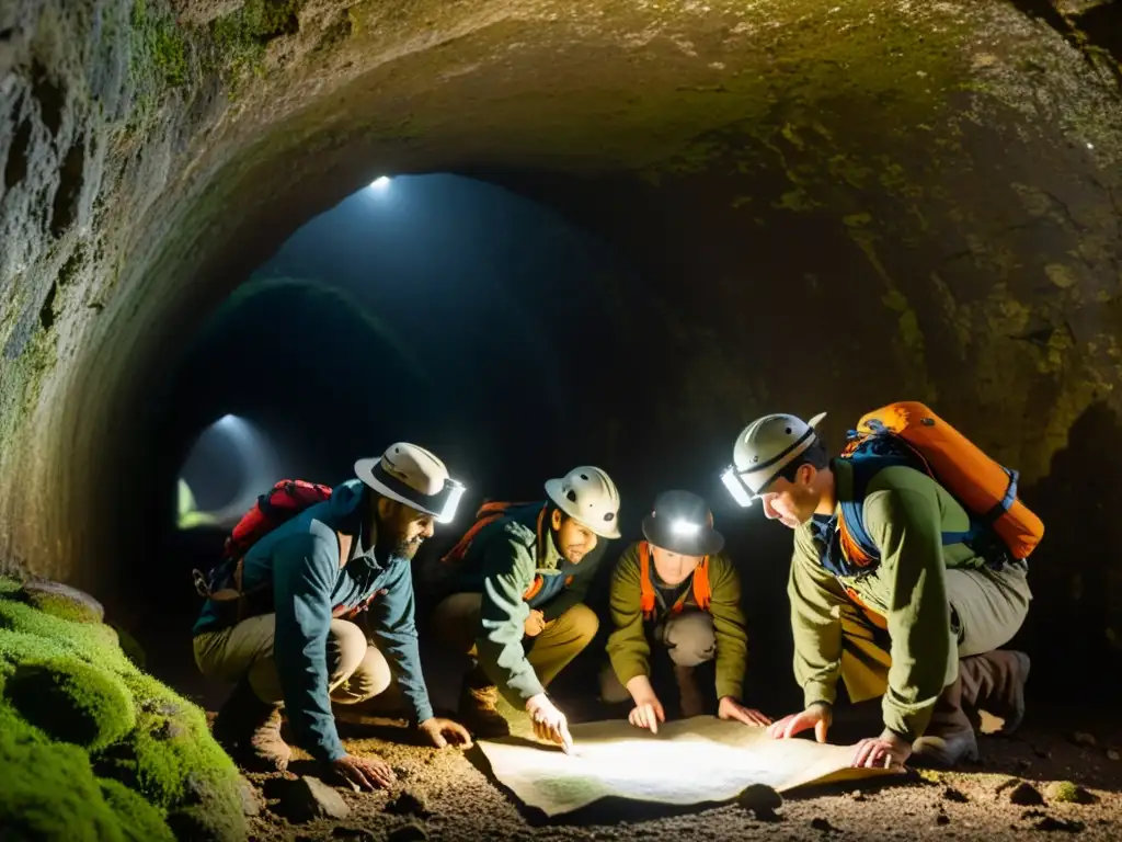 Grupo de exploradores estudian mapa en túnel histórico, demostrando determinación