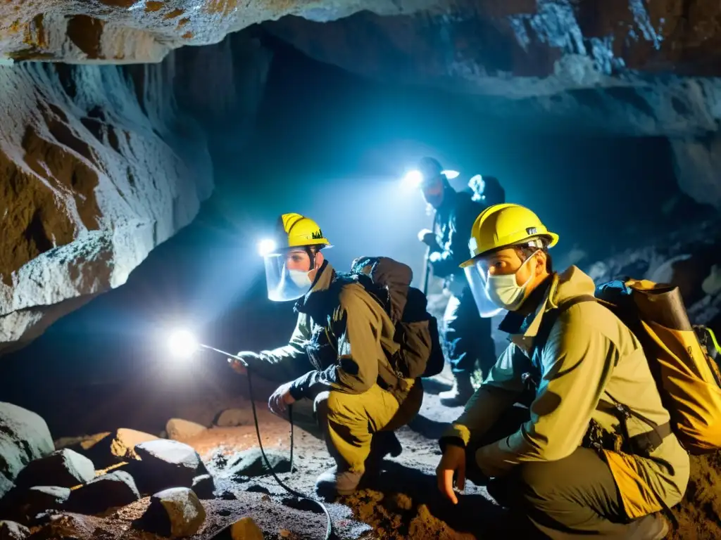 Un grupo de exploradores con máscaras para exploración subterránea segura, navegando con cuidado por una cueva oscura y húmeda