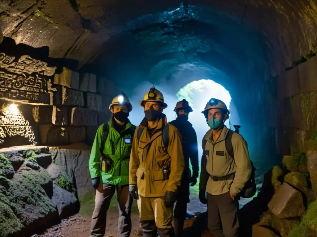 Un grupo de exploradores con máscaras para túneles históricos se prepara para adentrarse en un antiguo y misterioso túnel