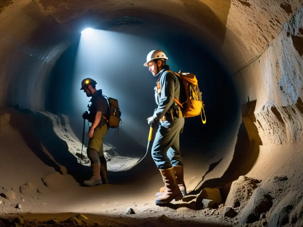 Un grupo de exploradores con las mejores botas para exploración subterránea, navegan por un túnel oscuro con dramática iluminación