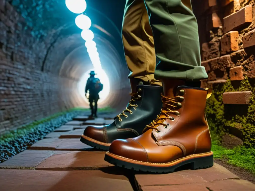 Grupo de exploradores con las mejores botas para exploración subterránea, listos para adentrarse en un túnel histórico con paredes de ladrillo y musgo, iluminado por una tenue luz