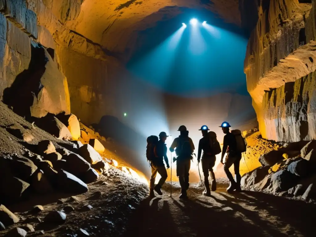 Grupo de exploradores con las mejores botas para exploración subterránea, iluminados por sus lámparas mientras recorren un túnel misterioso y aventurero