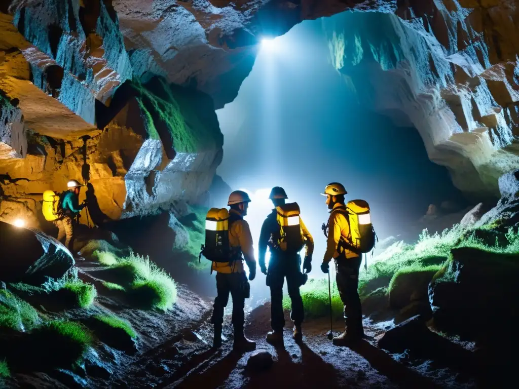 Exploradores en cueva subterránea, determinación y asombro Un grupo de exploradores usando las mejores chaquetas para resistir la humedad subterránea, iluminados por linternas, navegando por una cueva oscura y húmeda