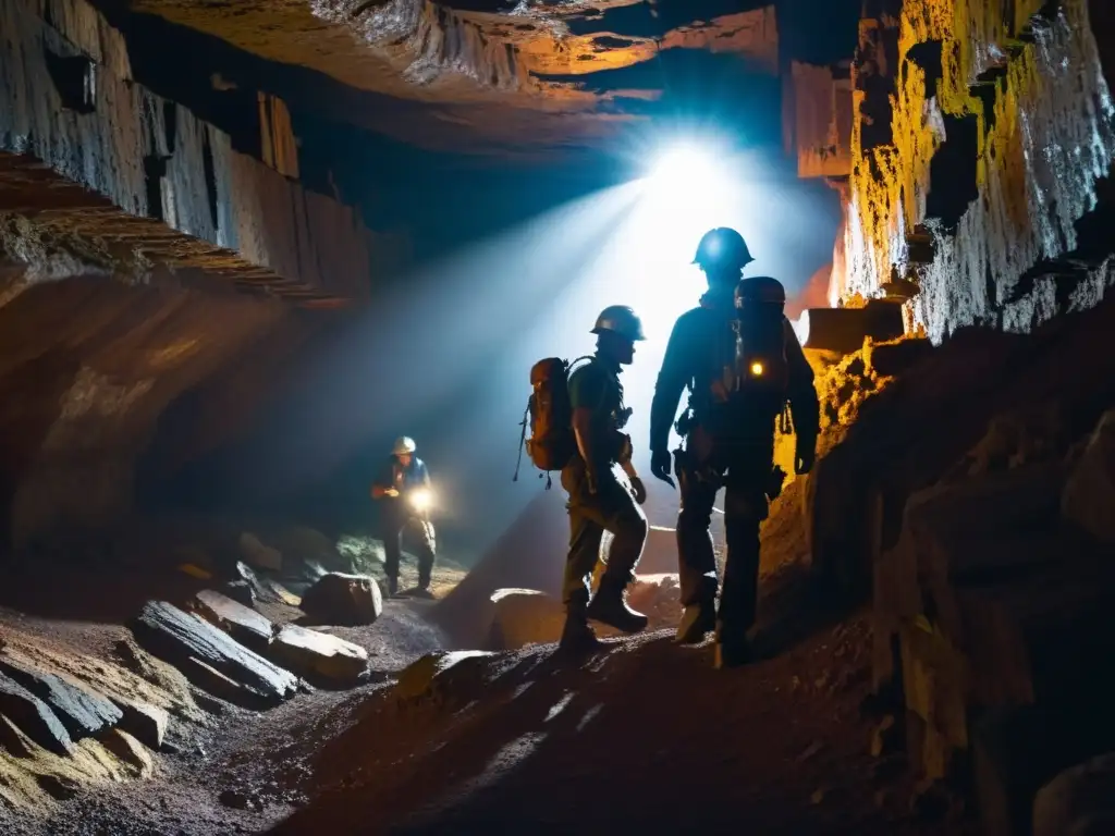 Exploradores descienden a mina oscura, iluminando secretos Grupo de exploradores desciende a una mina oscura con linternas y cascos
