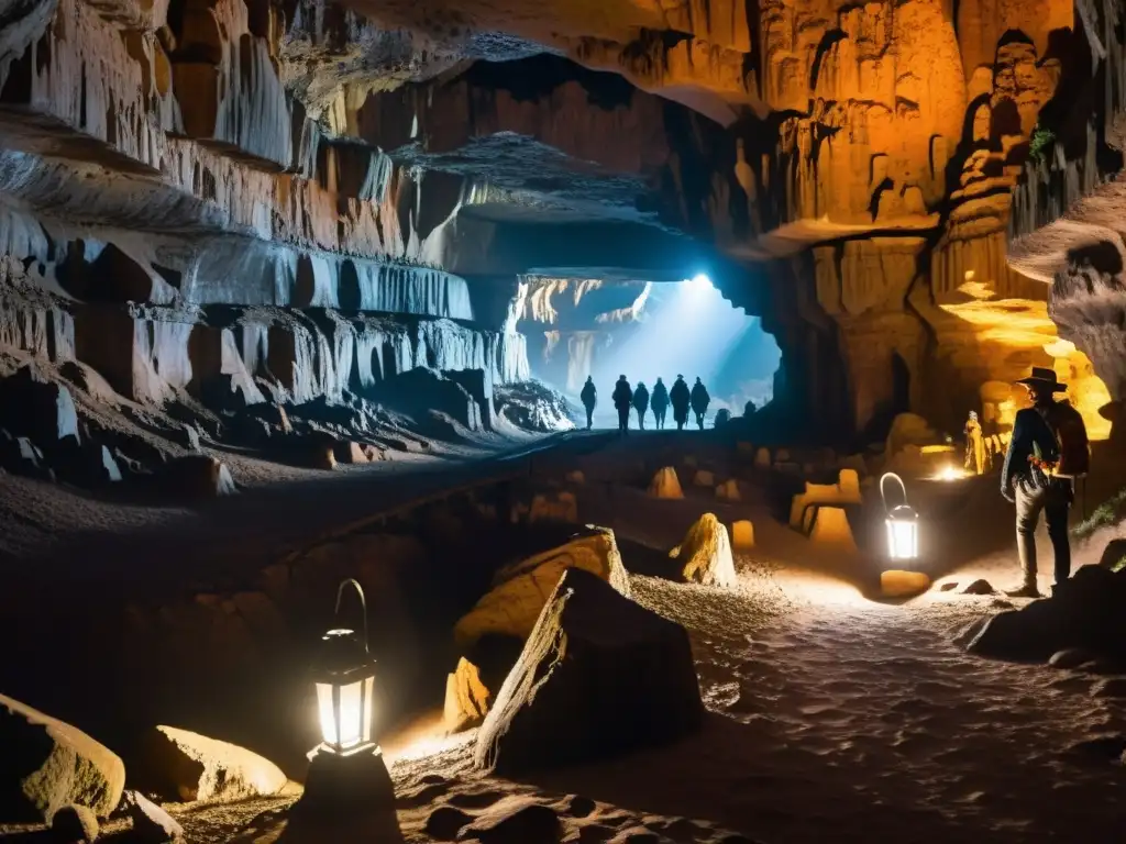 Grupo de exploradores se adentra en misteriosa caverna subterránea iluminada por linternas