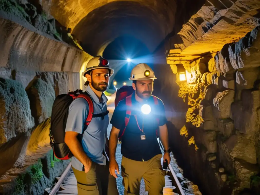 Exploradores modernos en antiguos túneles de Nápoles Grupo de exploradores modernos con linternas y mochilas, explorando túneles secretos bajo la ciudad de Nápoles