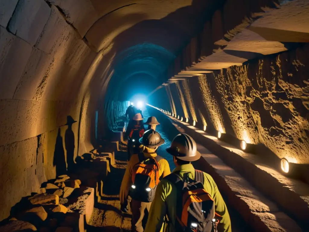 Un grupo de exploradores con realidad aumentada explora un túnel subterráneo, con luces dramáticas y sombras