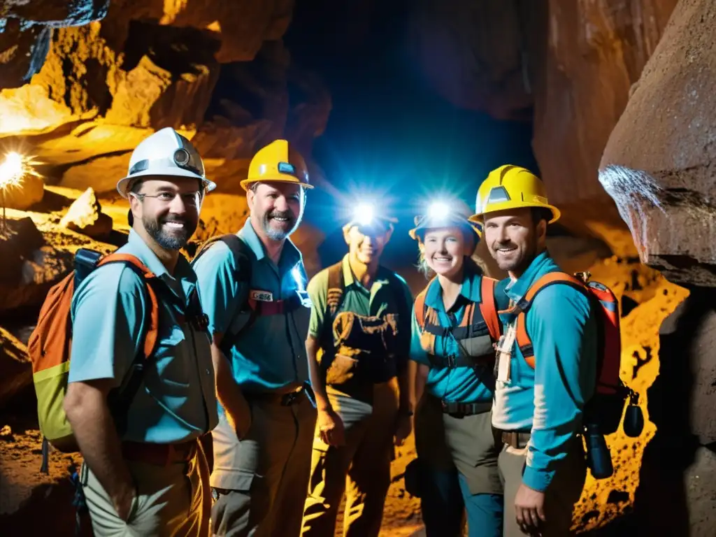 Exploración subterránea: Aventura en la mina Grupo de exploradores en recorridos por minas históricas expertos, descubriendo secretos en una mina antigua, iluminados por sus lámparas frontales