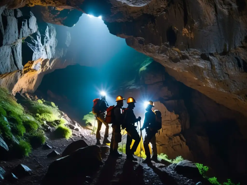 Grupo de exploradores con sistemas anticaídas descendiendo a una cueva subterránea, destacando la aventura y el peligro