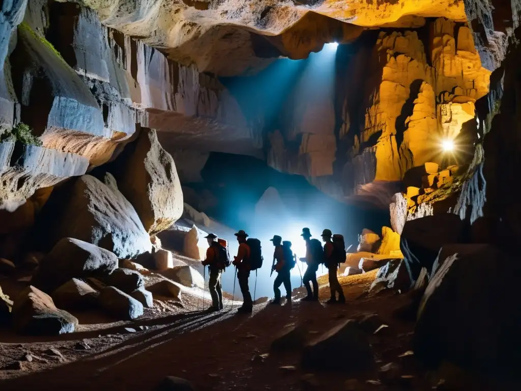 Grupo de exploradores en túnel subterráneo, con estalactitas, estalagmitas y paredes rocosas iluminadas por linternas