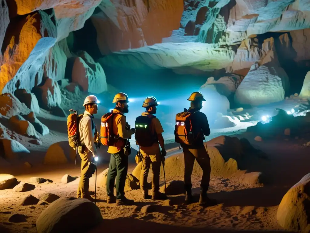 Grupo de exploradores usando tecnología de realidad aumentada en una cueva subterránea iluminada