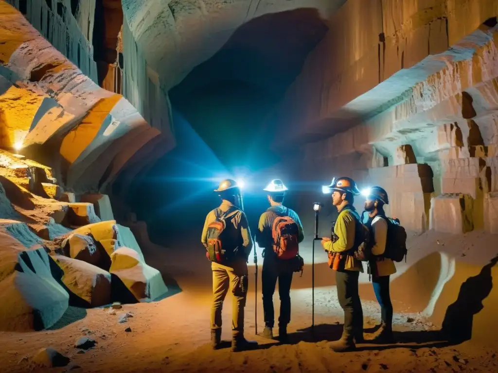 Grupo de exploradores usando tecnología de realidad aumentada para explorar túneles subterráneos, revelando formaciones geológicas y antiguas marcas