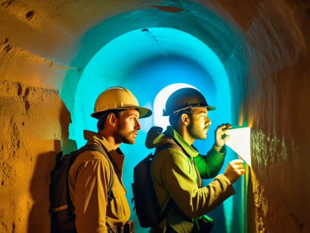 Un grupo de exploradores marca cuidadosamente un túnel histórico, resaltando la importancia de la señalización en la exploración de túneles históricos