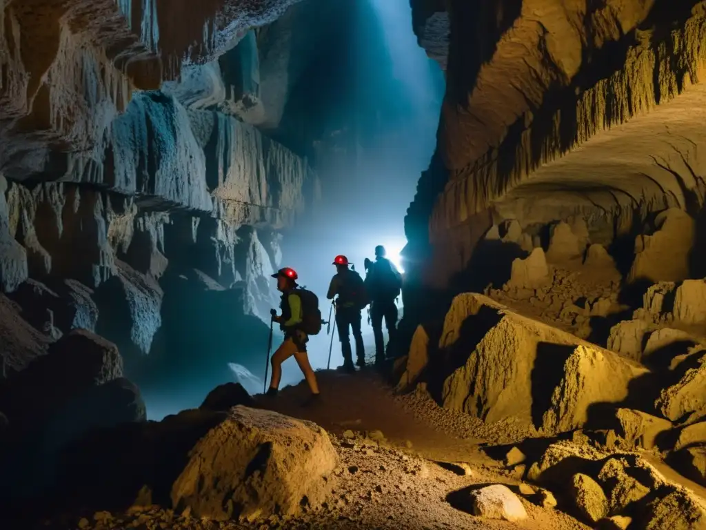 Un grupo de exploradores recorriendo un túnel subterráneo iluminado por linternas frontales