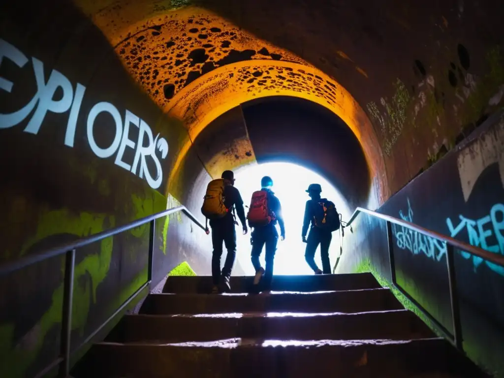 Un grupo de exploradores urbanos descienden por una escalera en espiral hacia un túnel subterráneo iluminado, con grafitis y tuberías oxidadas