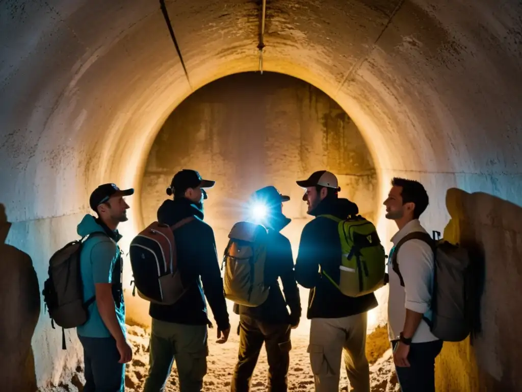 Un grupo de exploradores urbanos con linternas y mochilas, listos para adentrarse en un túnel subterráneo oscuro y misterioso