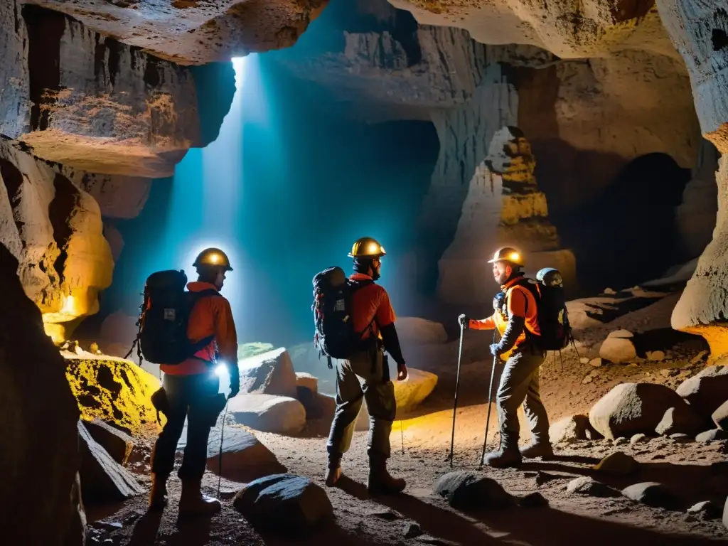 Un grupo de exploradores con vestimenta para exploración subterránea, navegando cuidadosamente por una cueva oscura y misteriosa, iluminando las formaciones rocosas con potentes linternas en sus cascos