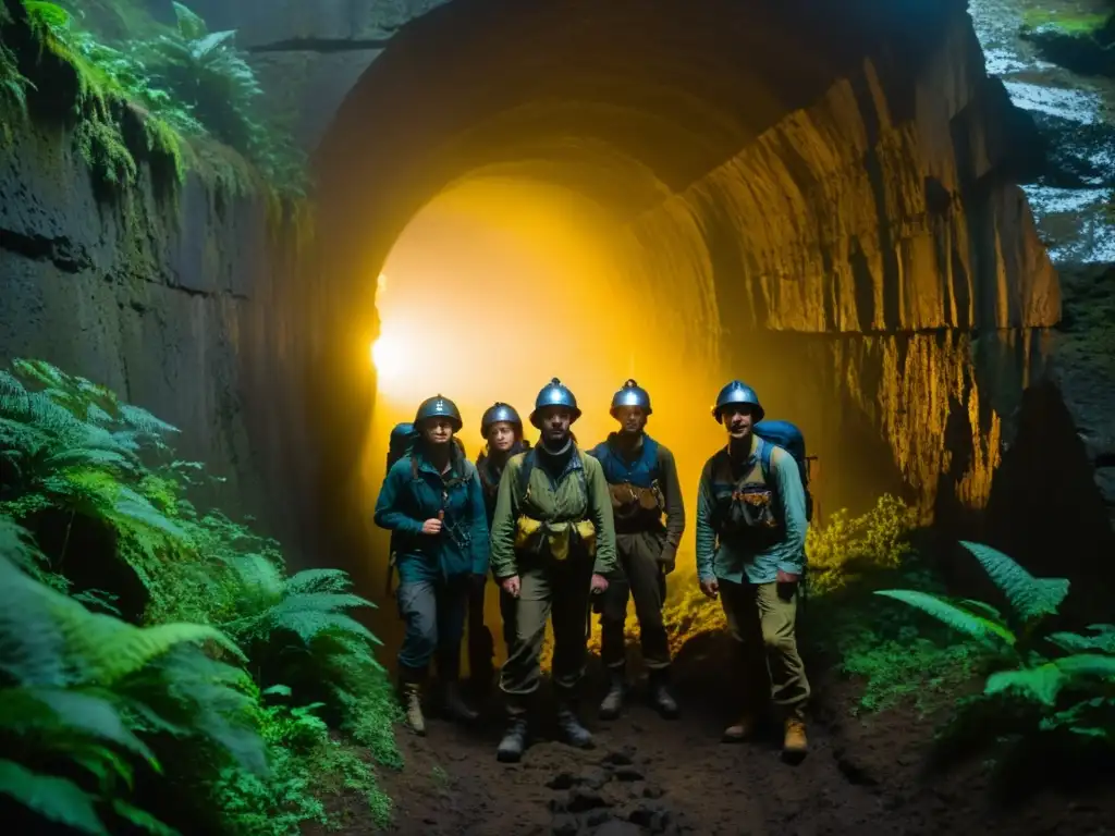 Un grupo de exploradores se prepara con determinación para su viaje emocional en un túnel misterioso, rodeado de niebla y sombras