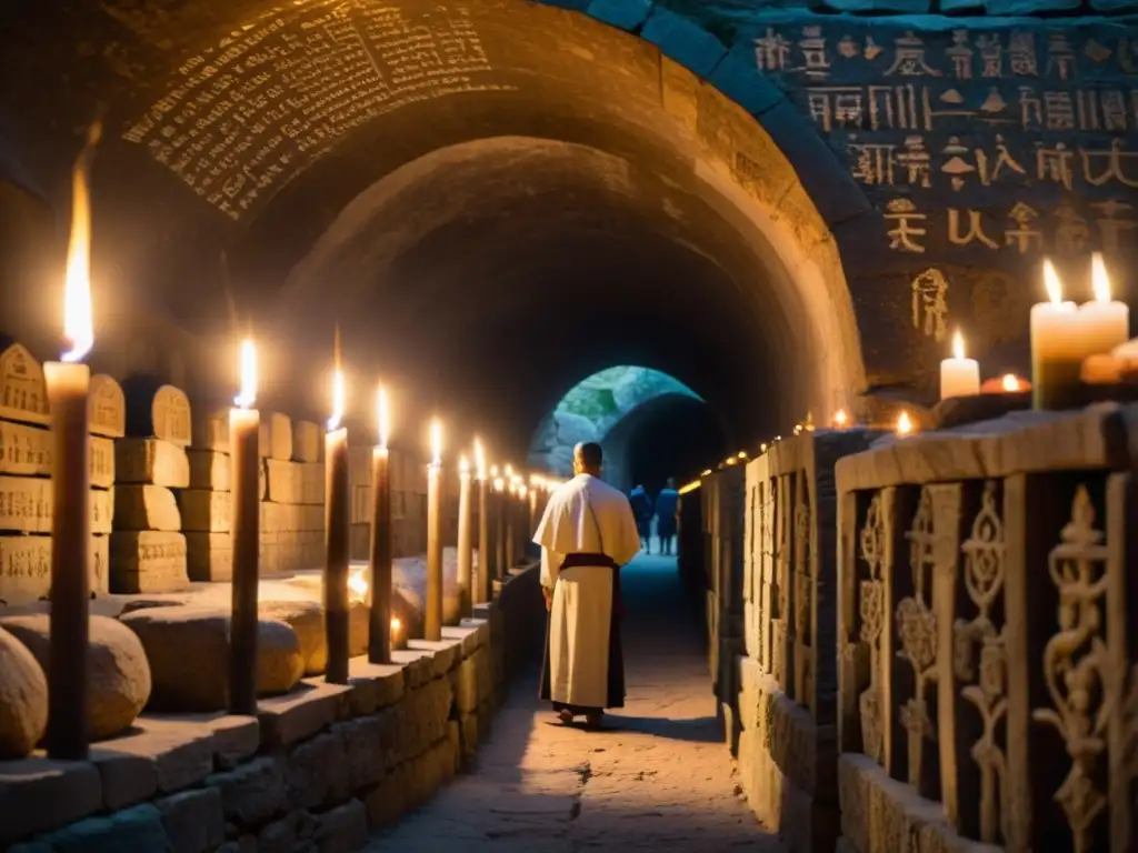 Un grupo de fieles realiza prácticas religiosas en un antiguo túnel, iluminados por velas y sumergidos en una experiencia espiritual profunda