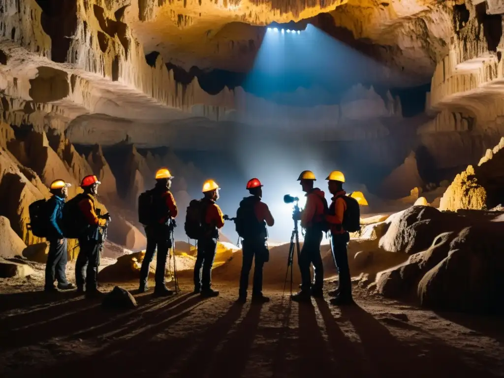 Grupo de fotógrafos exploradores capturando la belleza subterránea con sus cámaras en ambientes históricos