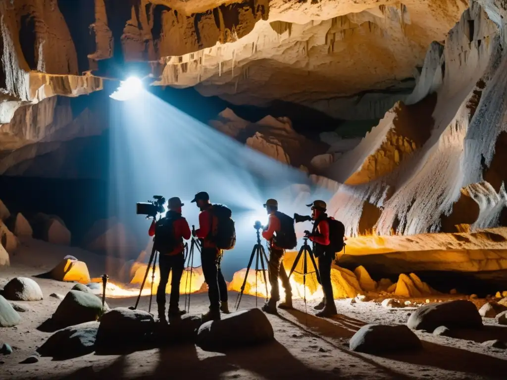 Grupo de fotógrafos con linternas de cabeza y mochilas, ajustando trípodes en cueva