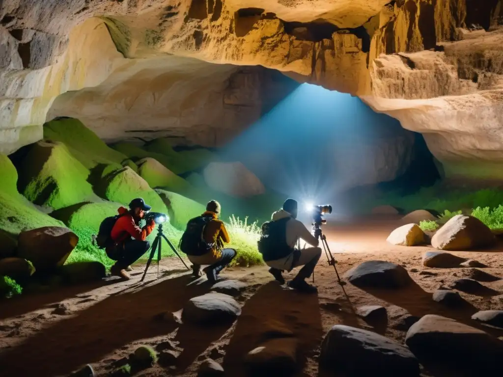 Un grupo de fotógrafos profesionales exploran una cueva subterránea, ajustando sus cámaras