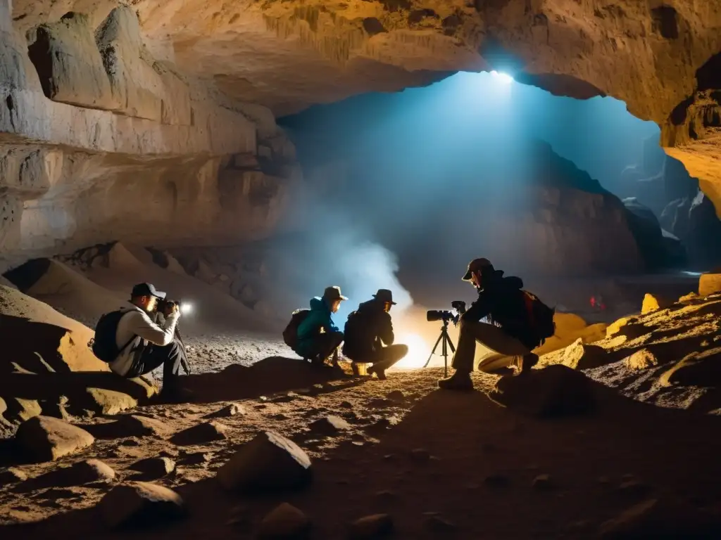 Un grupo de fotógrafos subterráneos se prepara para capturar la belleza de un paisaje subterráneo, con transferencia de imágenes en túneles