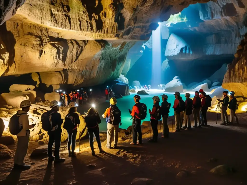 Grupo de guías de turismo en cuevas históricas explorando con turistas, creando una experiencia de descubrimiento y aventura