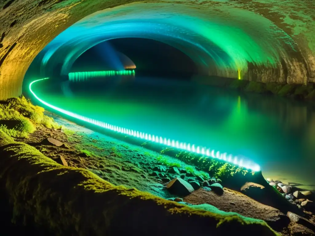 Grupo de gusanos luminiscentes en túnel histórico, creando un ambiente mágico y surrealista