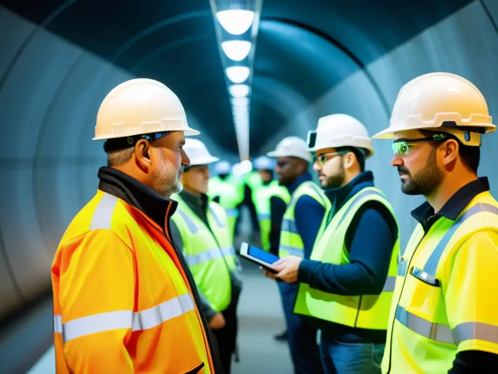 Un grupo de ingenieros en cascos de seguridad inspecciona sistemas de seguridad en túneles, utilizando dispositivos para análisis y ajustes