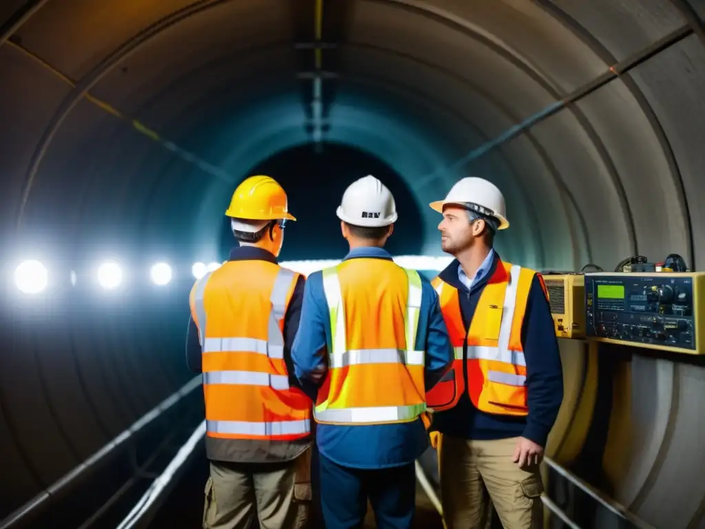 Un grupo de ingenieros en chalecos reflectantes y cascos están ajustando equipos de radio en un túnel, crucial para la comunicación subterránea