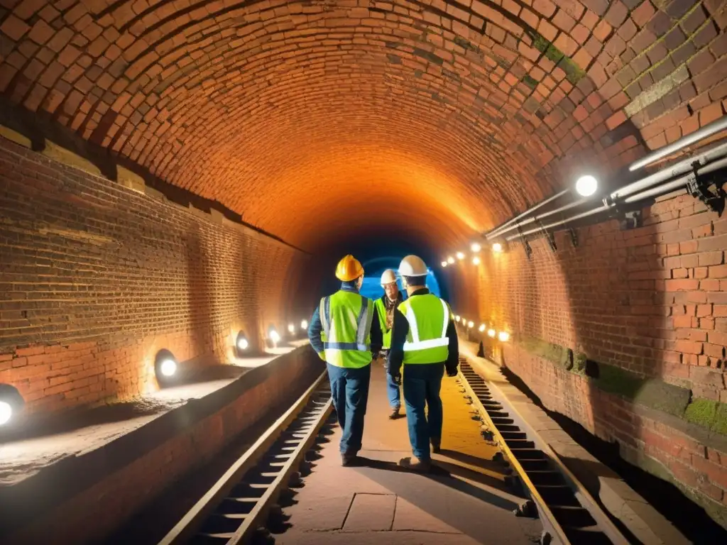 Grupo de ingenieros restaurando con cuidado los arcos y ladrillos de un túnel histórico emblemático, iluminados por cálidas luces de trabajo