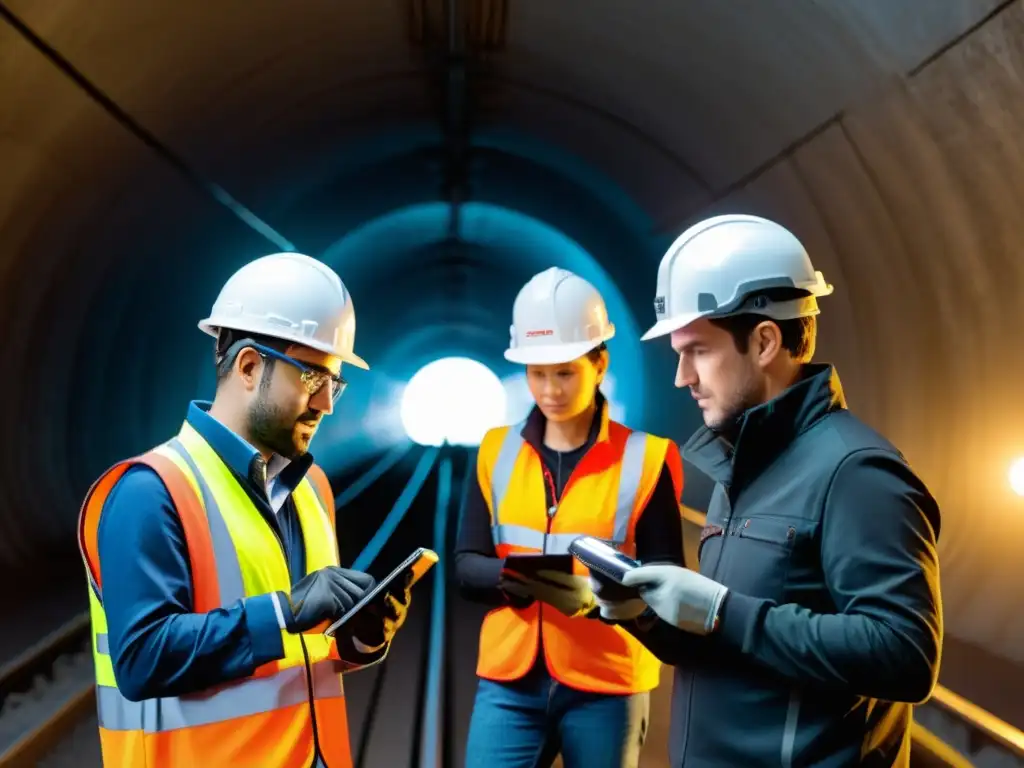 Grupo de ingenieros utilizando tecnología wearable para exploración de túneles en un entorno tecnológico y tradicional