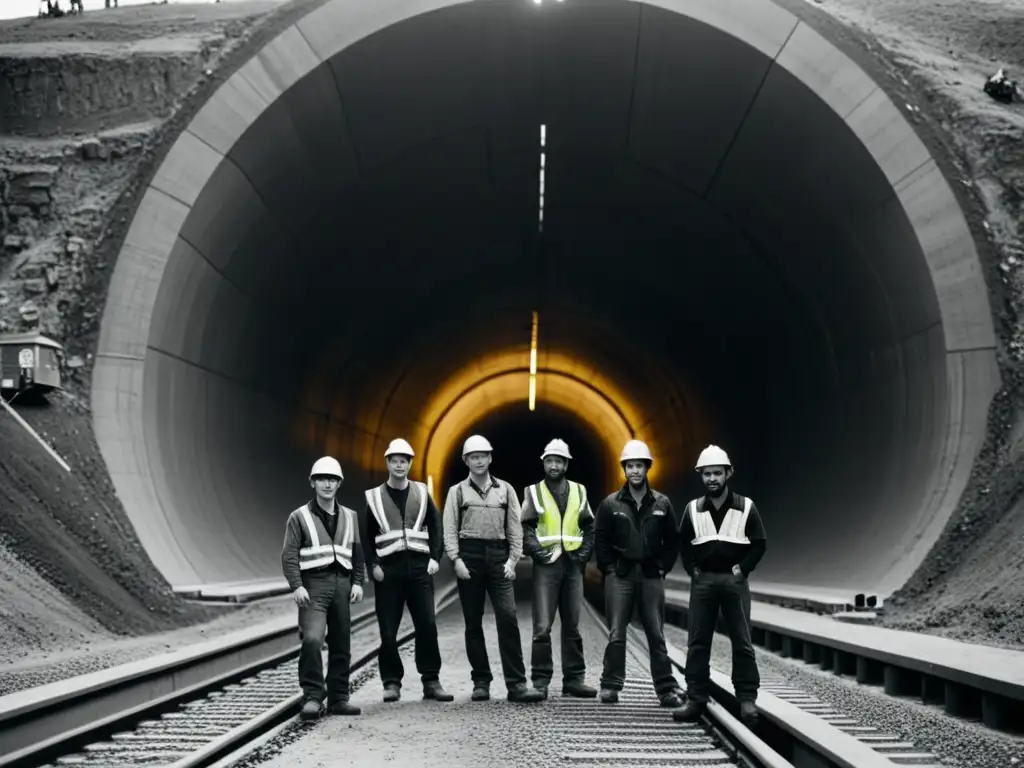 Grupo de ingenieros y trabajadores de construcción frente a la entrada de un túnel histórico, desafiando la ingeniería con determinación y innovación