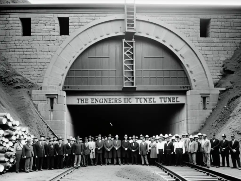 Un grupo de ingenieros y trabajadores posan orgullosos en la entrada de un túnel histórico, con herramientas esparcidas a su alrededor