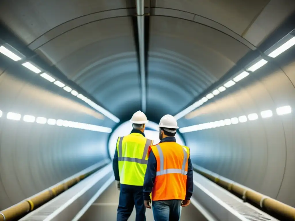 Un grupo de ingenieros y trabajadores construyen un túnel con nanotecnología, resaltando innovación y práctica